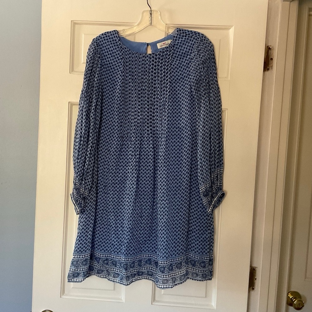 Vineyard Vines‎ Printed Pintuck Swing Dress Silk Blend Deep Bay Blue Size XS